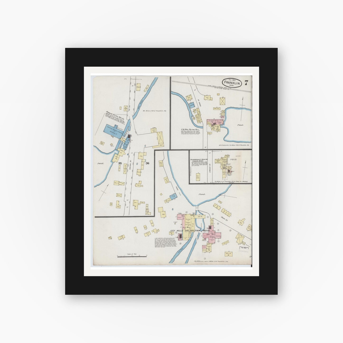 Old map wall art mockup — black gallery frame with white mat — Sanborn Fire Insurance Map from Franklin, Norfolk County, Massachusetts (1889), Sheet #0007