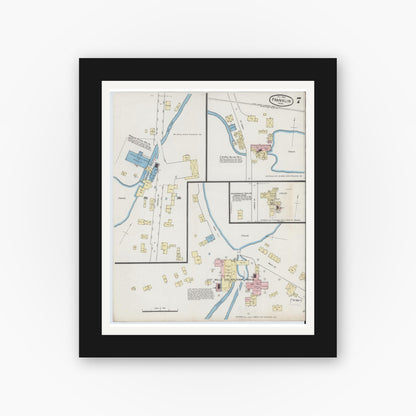 Old map wall art mockup — black gallery frame with white mat — Sanborn Fire Insurance Map from Franklin, Norfolk County, Massachusetts (1889), Sheet #0007
