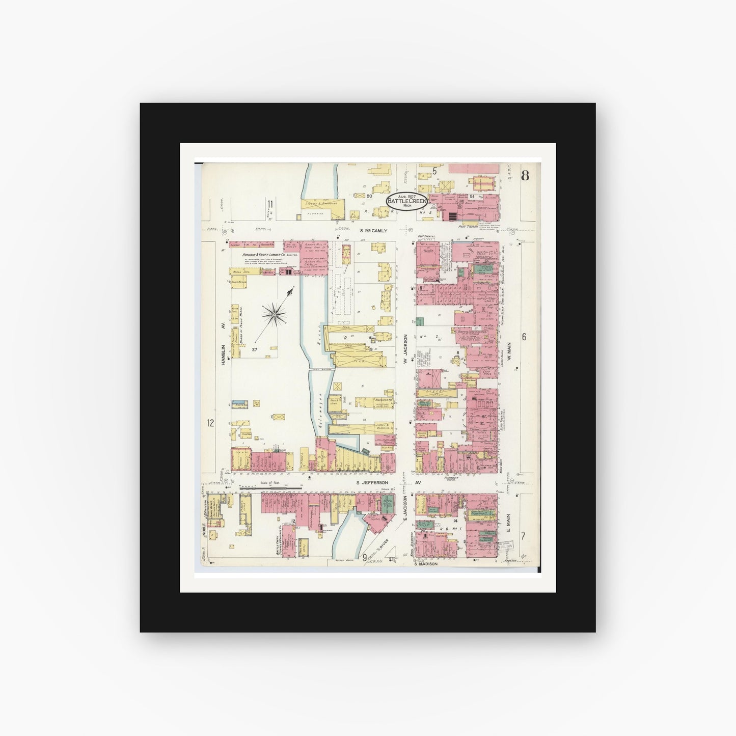 Old map wall art mockup — black gallery frame with white mat — Sanborn Fire Insurance Map from Battle Creek, Calhoun County, Michigan (1907), Sheet #0008