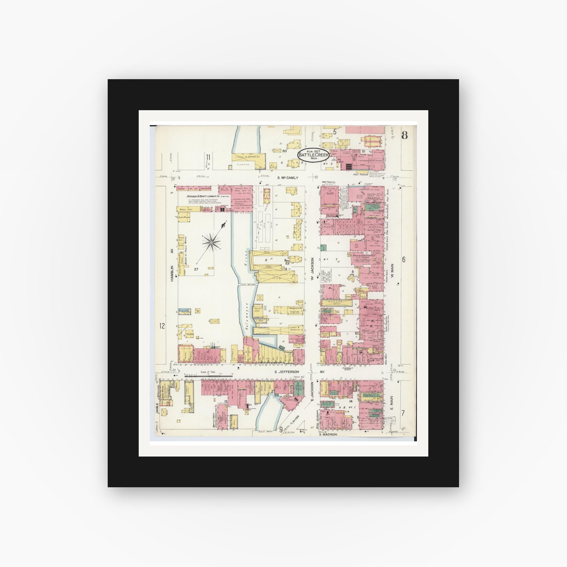 Old map wall art mockup — black gallery frame with white mat — Sanborn Fire Insurance Map from Battle Creek, Calhoun County, Michigan (1907), Sheet #0008