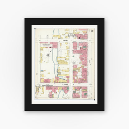Old map wall art mockup — black gallery frame with white mat — Sanborn Fire Insurance Map from Battle Creek, Calhoun County, Michigan (1907), Sheet #0008