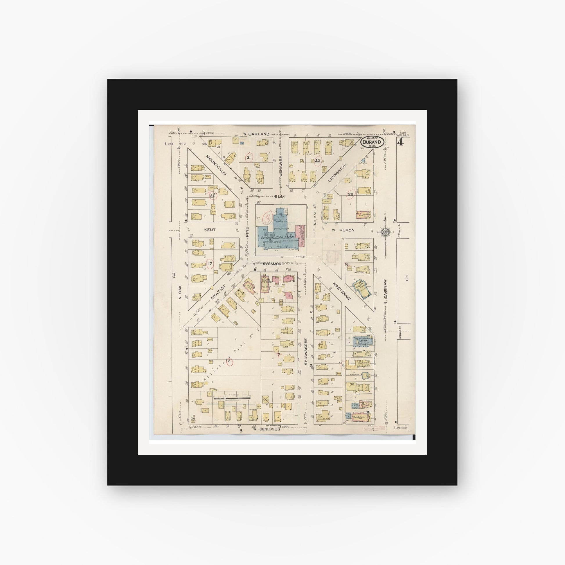 Old map wall art mockup — black gallery frame with white mat — Sanborn Fire Insurance Map from Durand, Shiawassee County, Michigan (1944), Sheet #0004