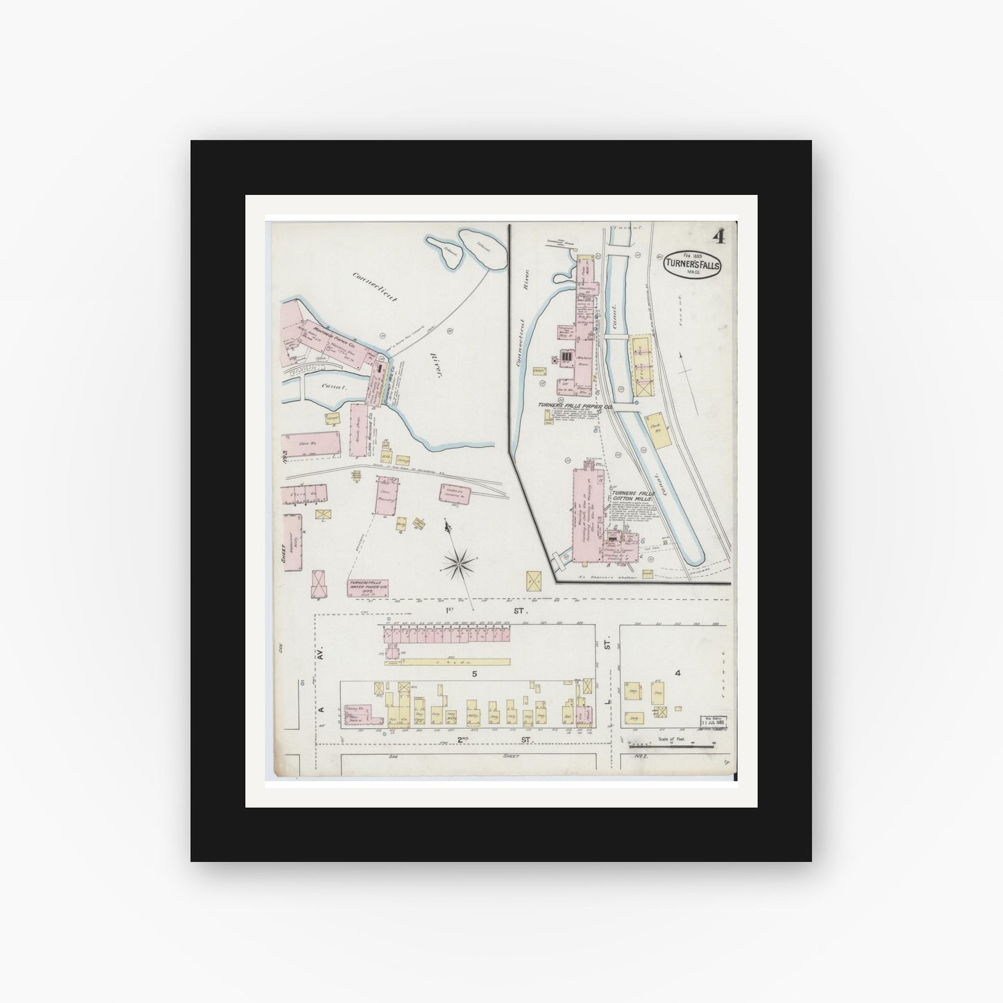 Old map wall art mockup — black gallery frame with white mat — Sanborn Fire Insurance Map from Turners Falls, Franklin County, Massachusetts (1889), Sheet #0004
