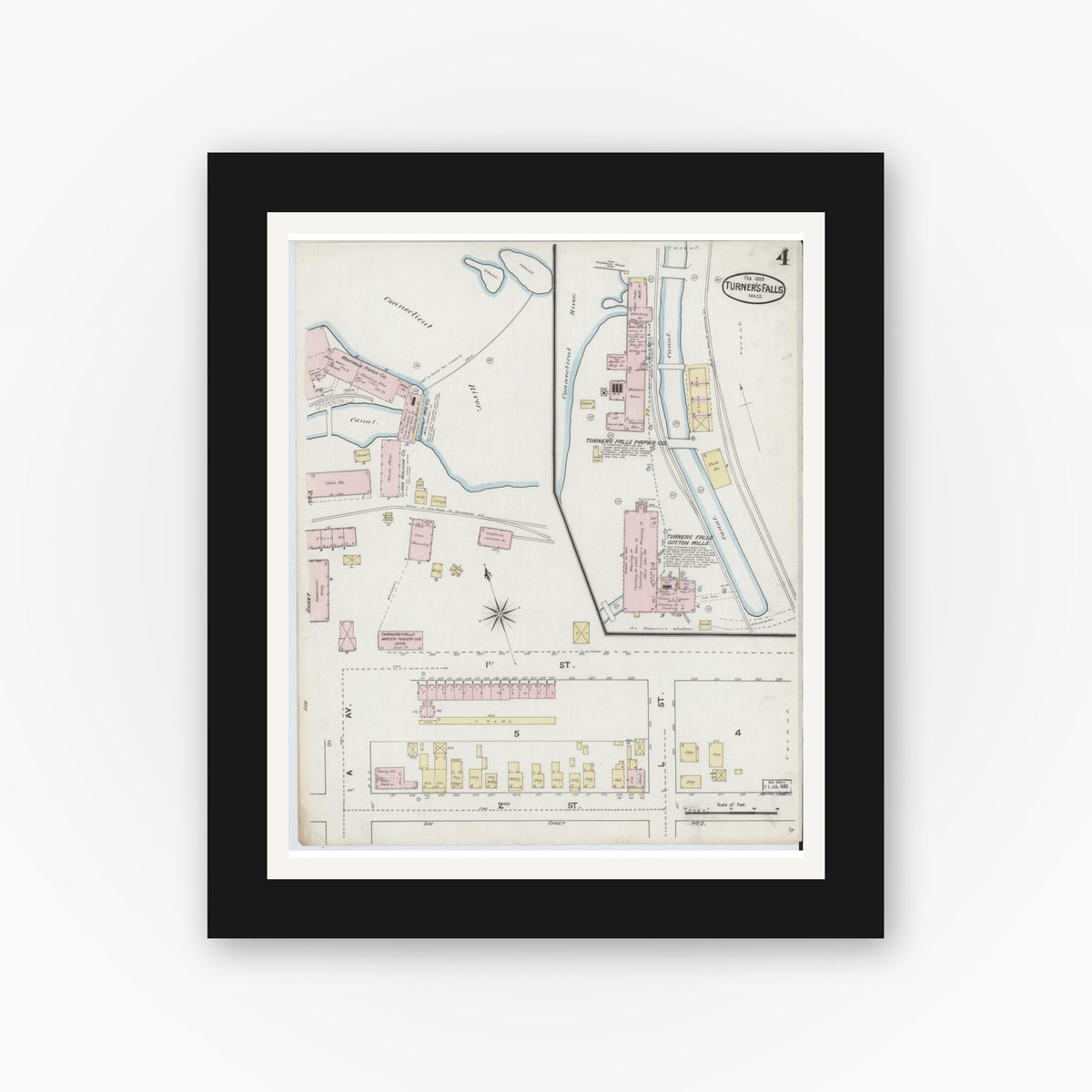 Old map wall art mockup — black gallery frame with white mat — Sanborn Fire Insurance Map from Turners Falls, Franklin County, Massachusetts (1889), Sheet #0004