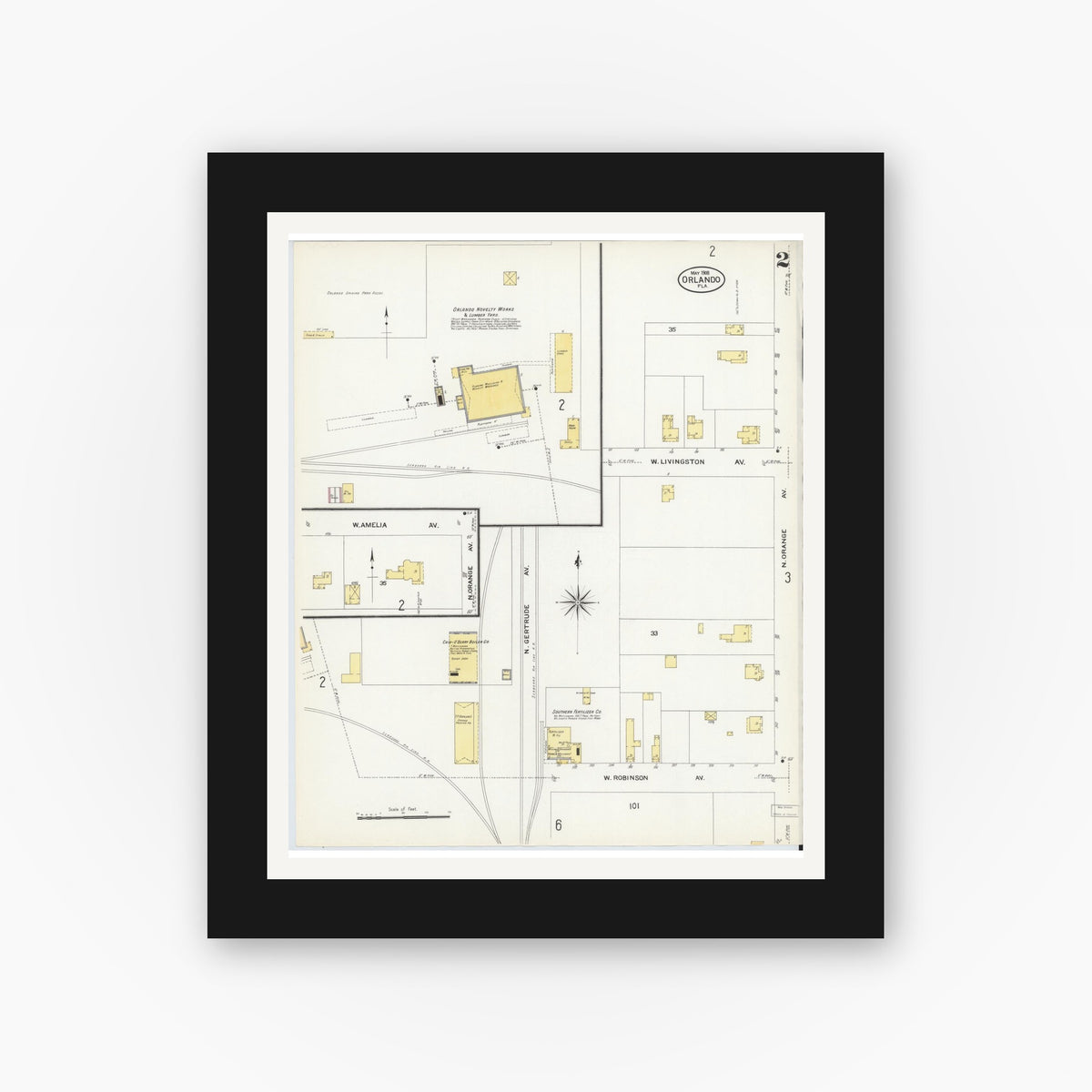 Old map wall art mockup — black gallery frame with white mat — Sanborn Fire Insurance Map from Orlando, Orange County, Florida (1908), Sheet #0002
