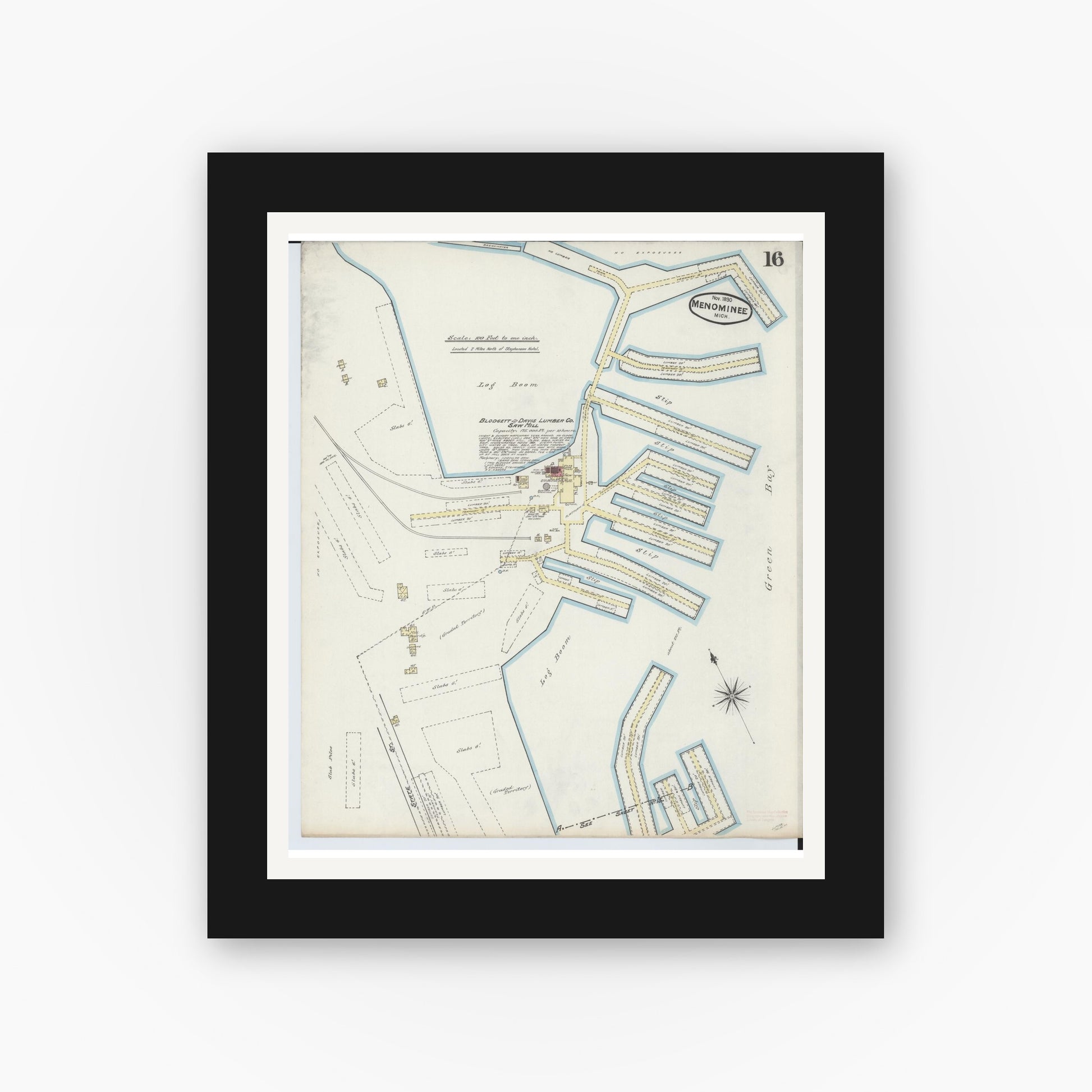 Old map wall art mockup — black gallery frame with white mat — Sanborn Fire Insurance Map from Menominee, Menominee County, Michigan (1890), Sheet #0016