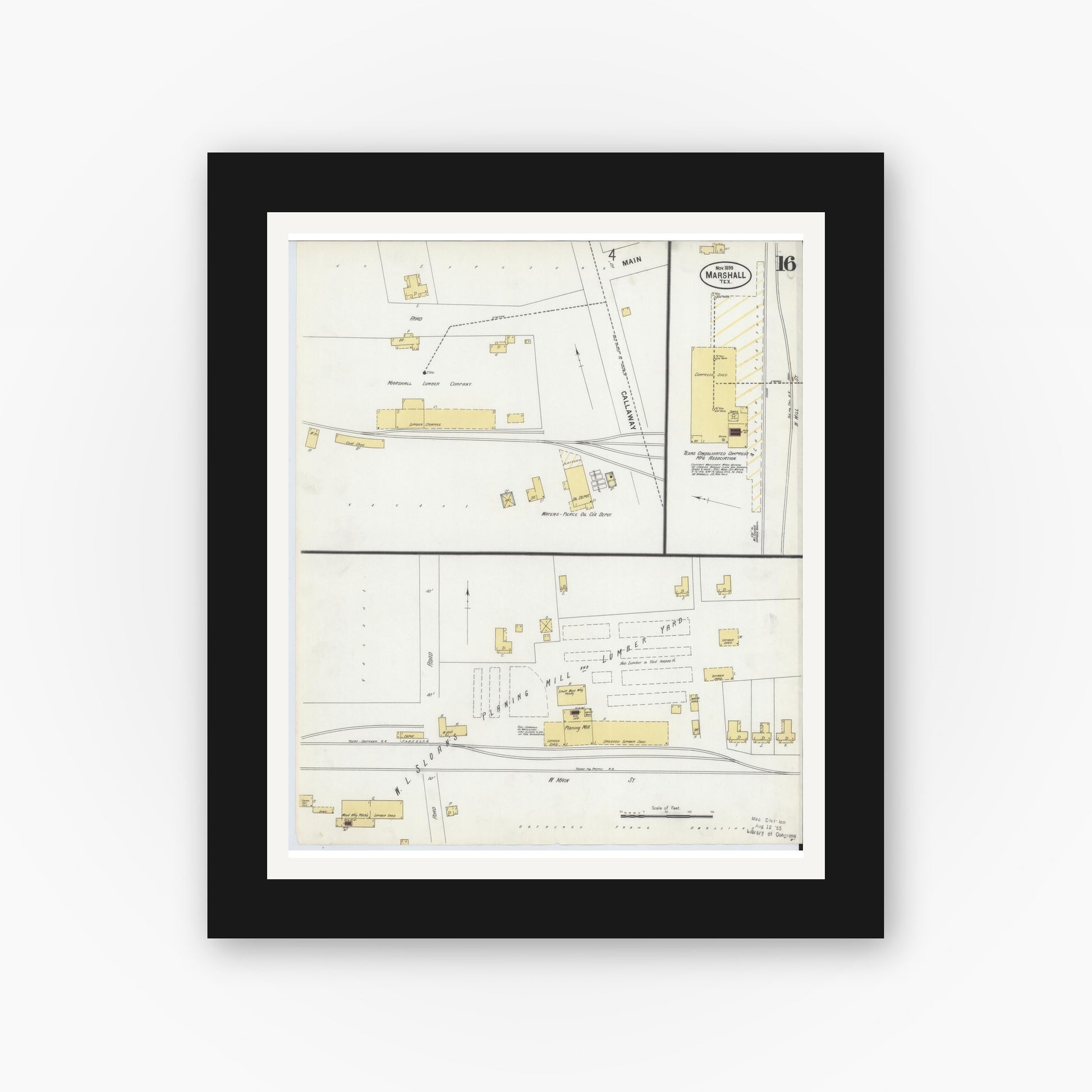 Old map wall art mockup — black gallery frame with white mat — Sanborn Fire Insurance Map from Marshall, Harrison County, Texas (1899), Sheet #0016