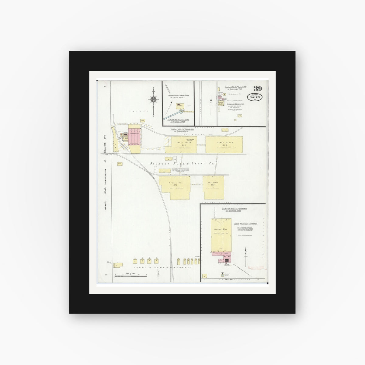 Old map wall art mockup — black gallery frame with white mat — Sanborn Fire Insurance Map from Cairo, Alexander County, Illinois (1914), Sheet #0039
