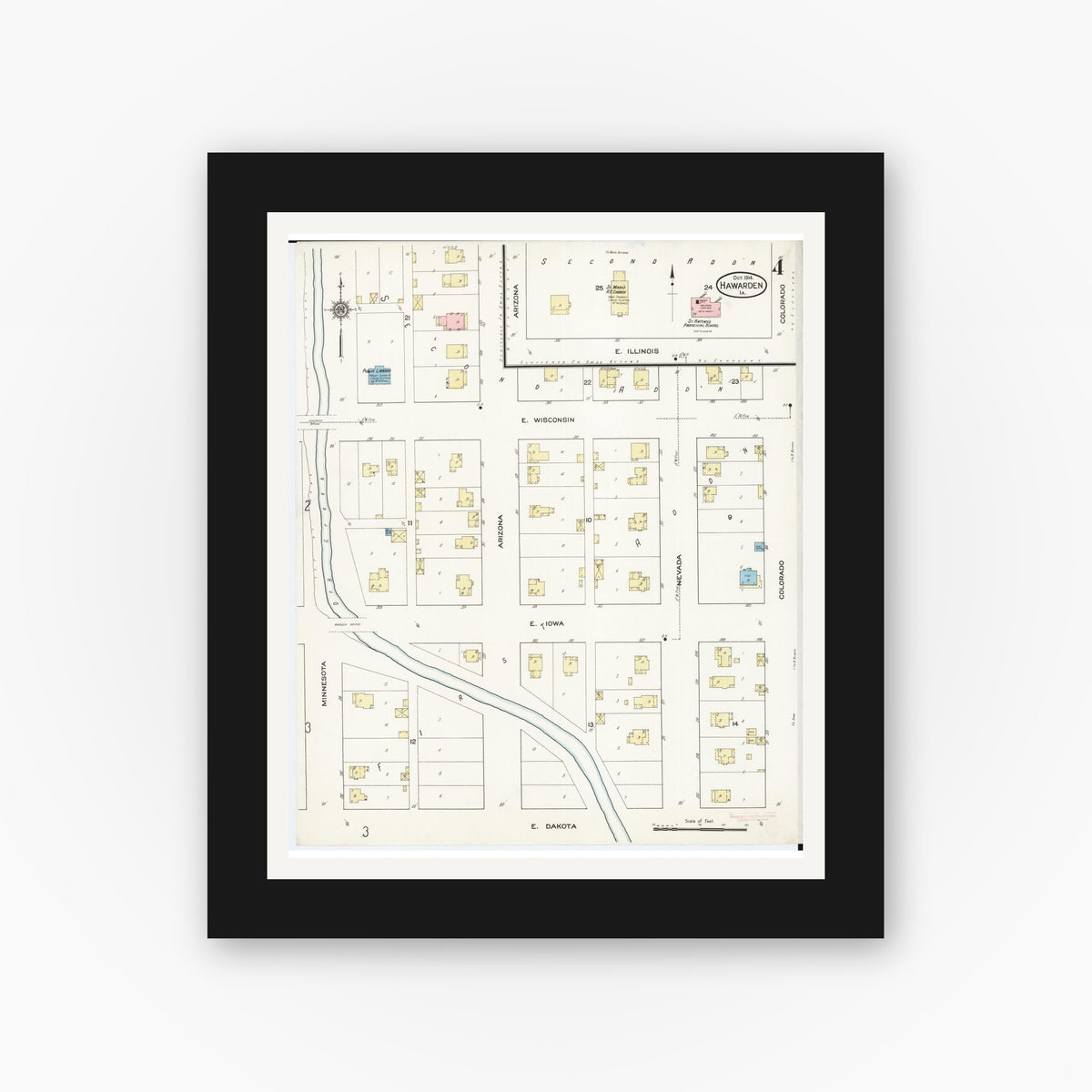Old map wall art mockup — black gallery frame with white mat — Sanborn Fire Insurance Map from Hawarden, Sioux County, Iowa (1914), Sheet #0004