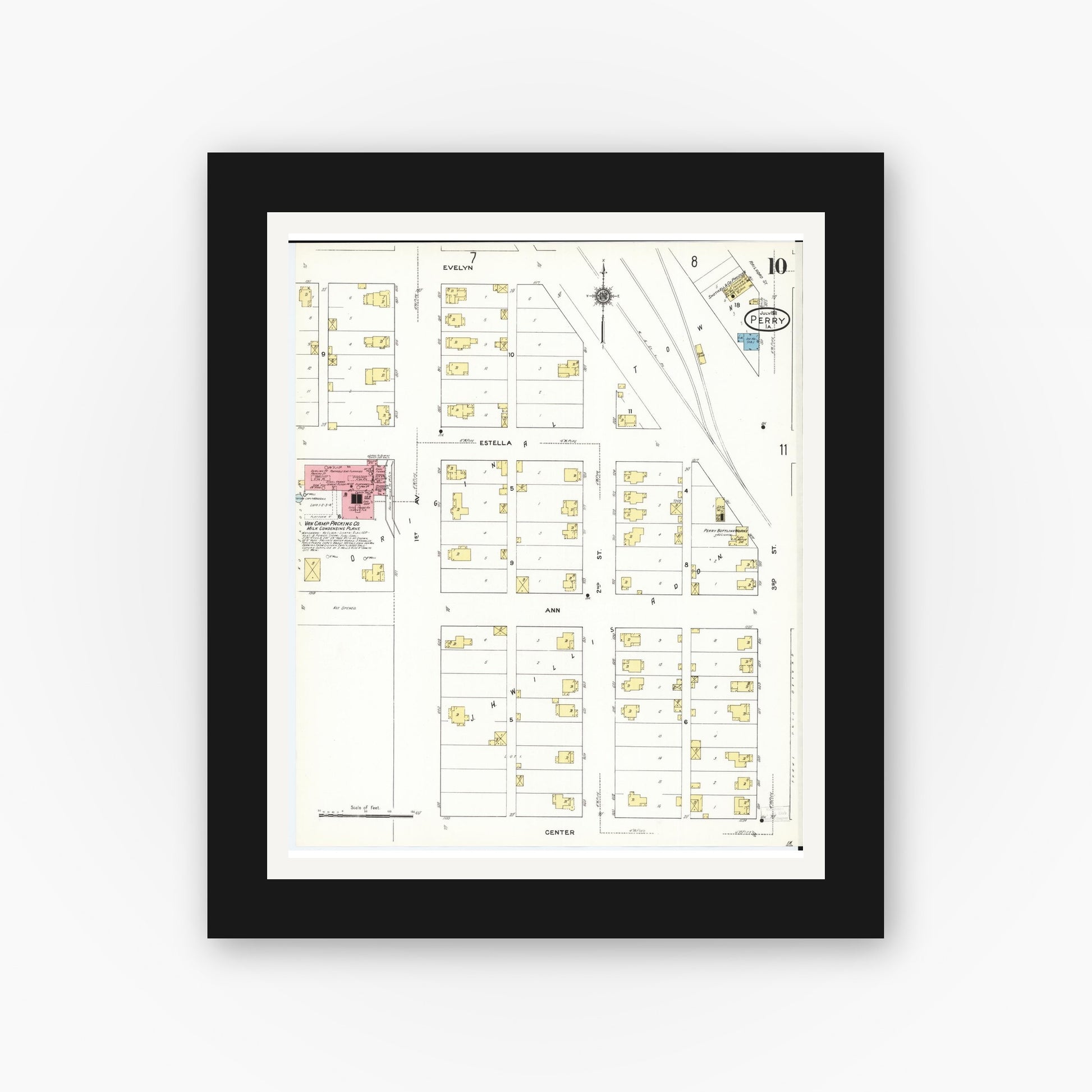 Old map wall art mockup — black gallery frame with white mat — Sanborn Fire Insurance Map from Perry, Dallas County, Iowa (1911), Sheet #0010