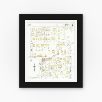 Old map wall art mockup — black gallery frame with white mat — Sanborn Fire Insurance Map from Tyler, Smith County, Texas (1928), Sheet #0005