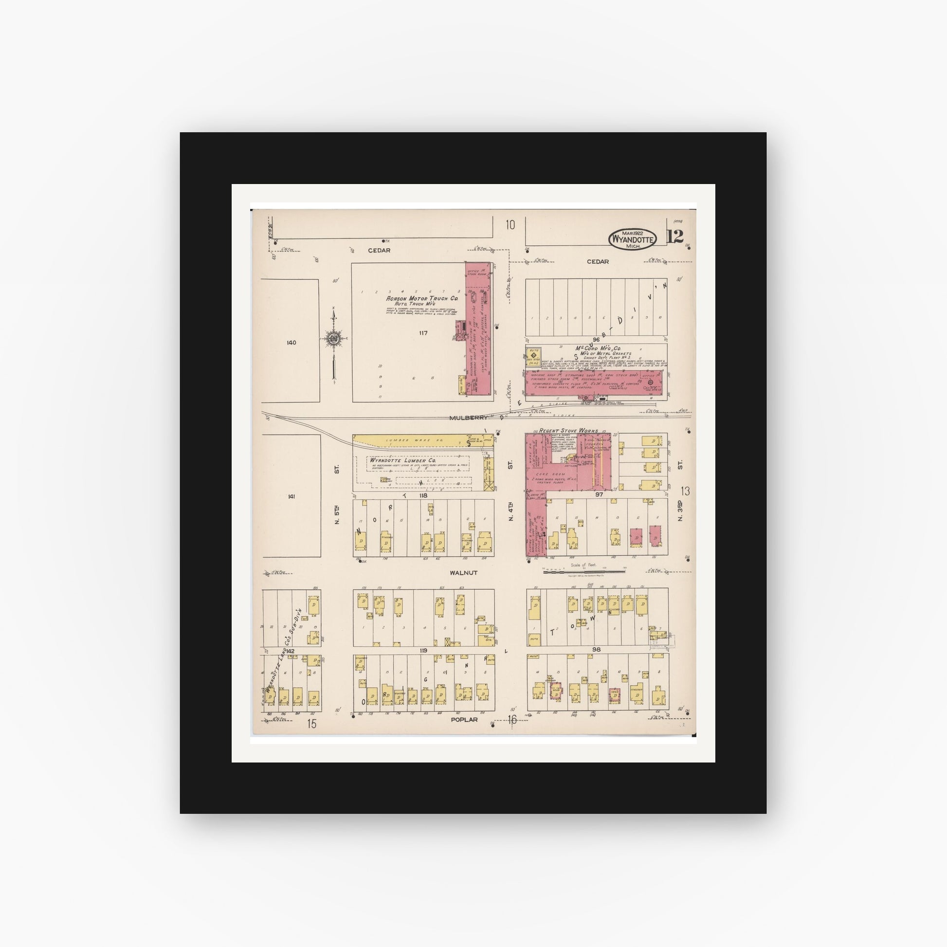 Old map wall art mockup — black gallery frame with white mat — Sanborn Fire Insurance Map from Wyandotte, Wayne County, Michigan (1922), Sheet #0012