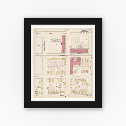 Old map wall art mockup — black gallery frame with white mat — Sanborn Fire Insurance Map from Wyandotte, Wayne County, Michigan (1922), Sheet #0012