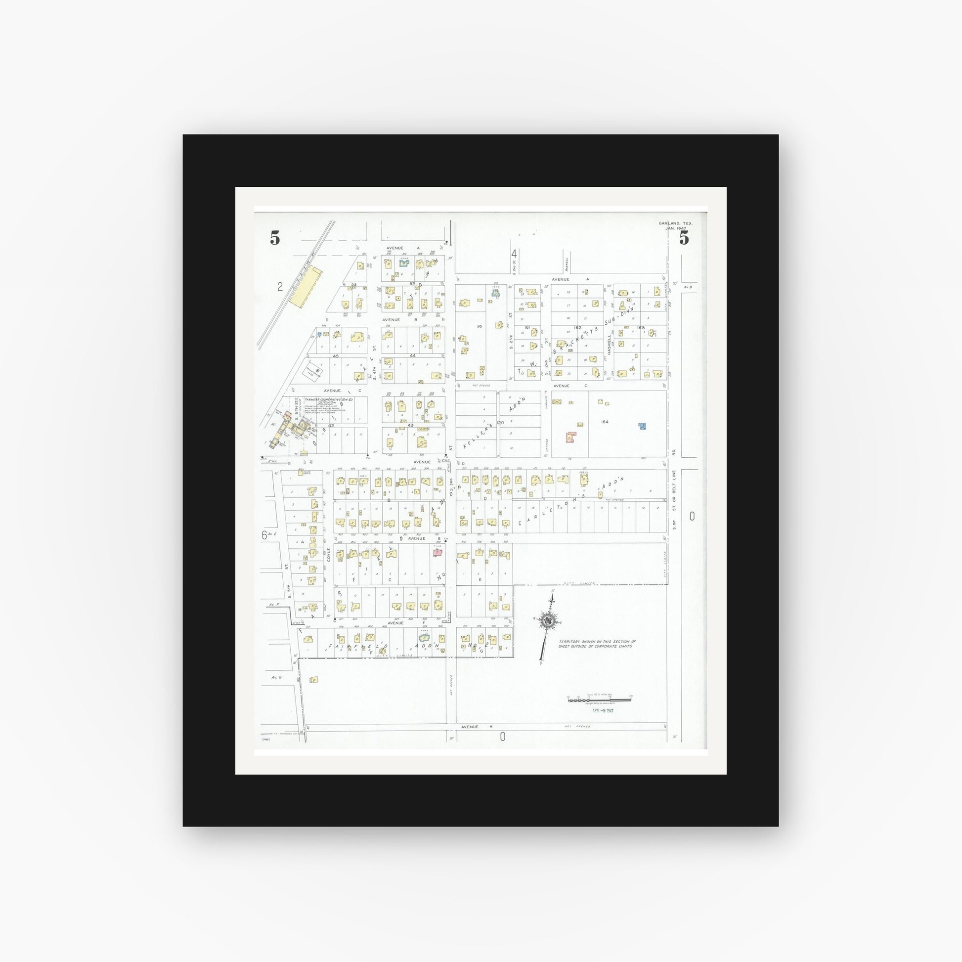 Old map wall art mockup — black gallery frame with white mat — Sanborn Fire Insurance Map from Garland, Dallas County, Texas (1947), Sheet #0005