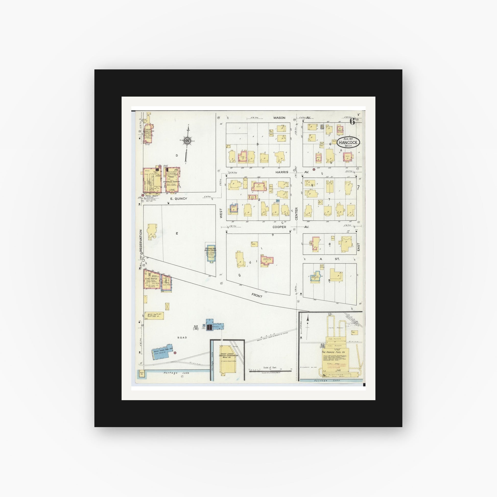 Old map wall art mockup — black gallery frame with white mat — Sanborn Fire Insurance Map from Hancock, Houghton County, Michigan (1917), Sheet #0006