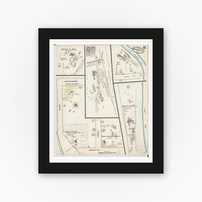 Old map wall art mockup — black gallery frame with white mat — Sanborn Fire Insurance Map from Marietta, Washington County, Ohio (1884), Sheet #0006