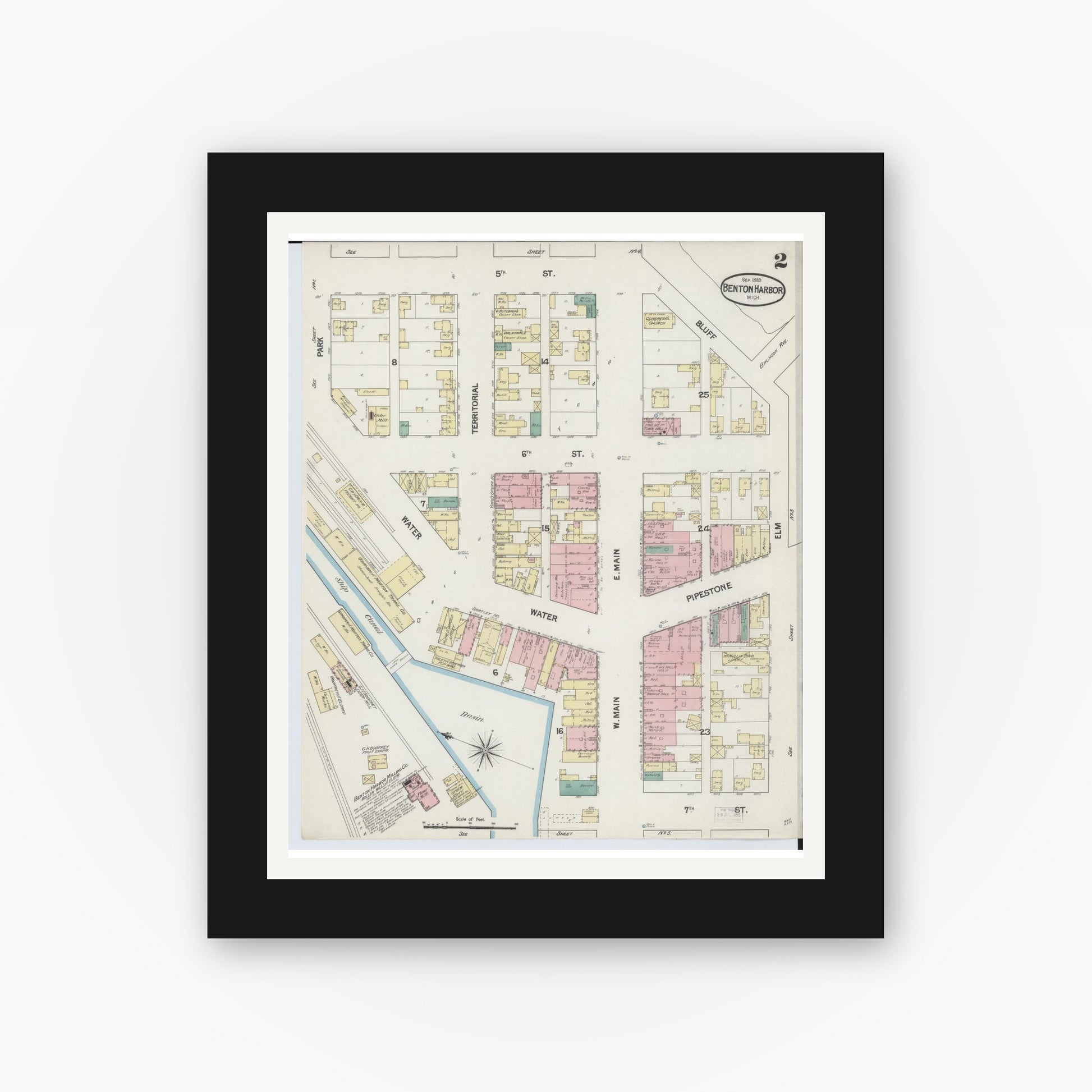 Old map wall art mockup — black gallery frame with white mat — Sanborn Fire Insurance Map from Benton Harbor, Berrien County, Michigan (1889), Sheet #0002
