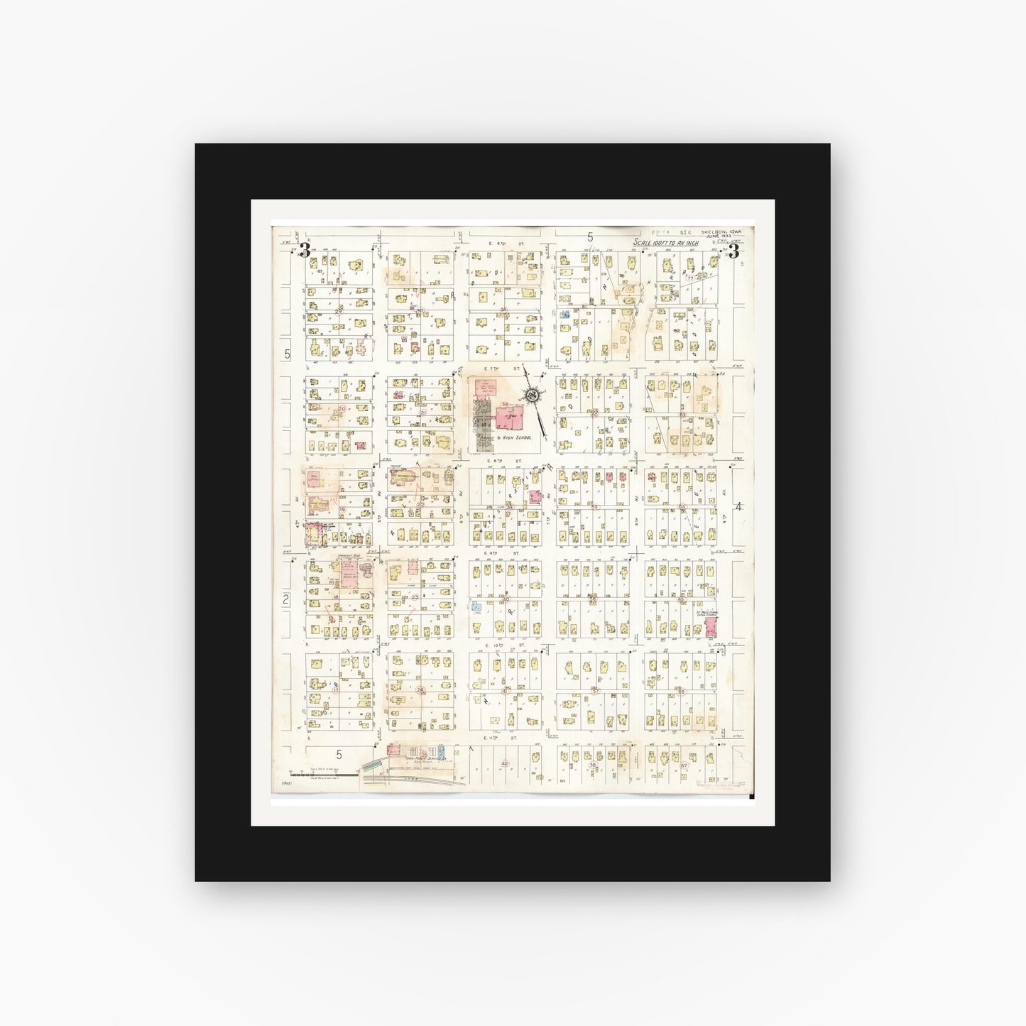 Old map wall art mockup — black gallery frame with white mat — Sanborn Fire Insurance Map from Sheldon, O'Brien County, Iowa (1948), Sheet #0003