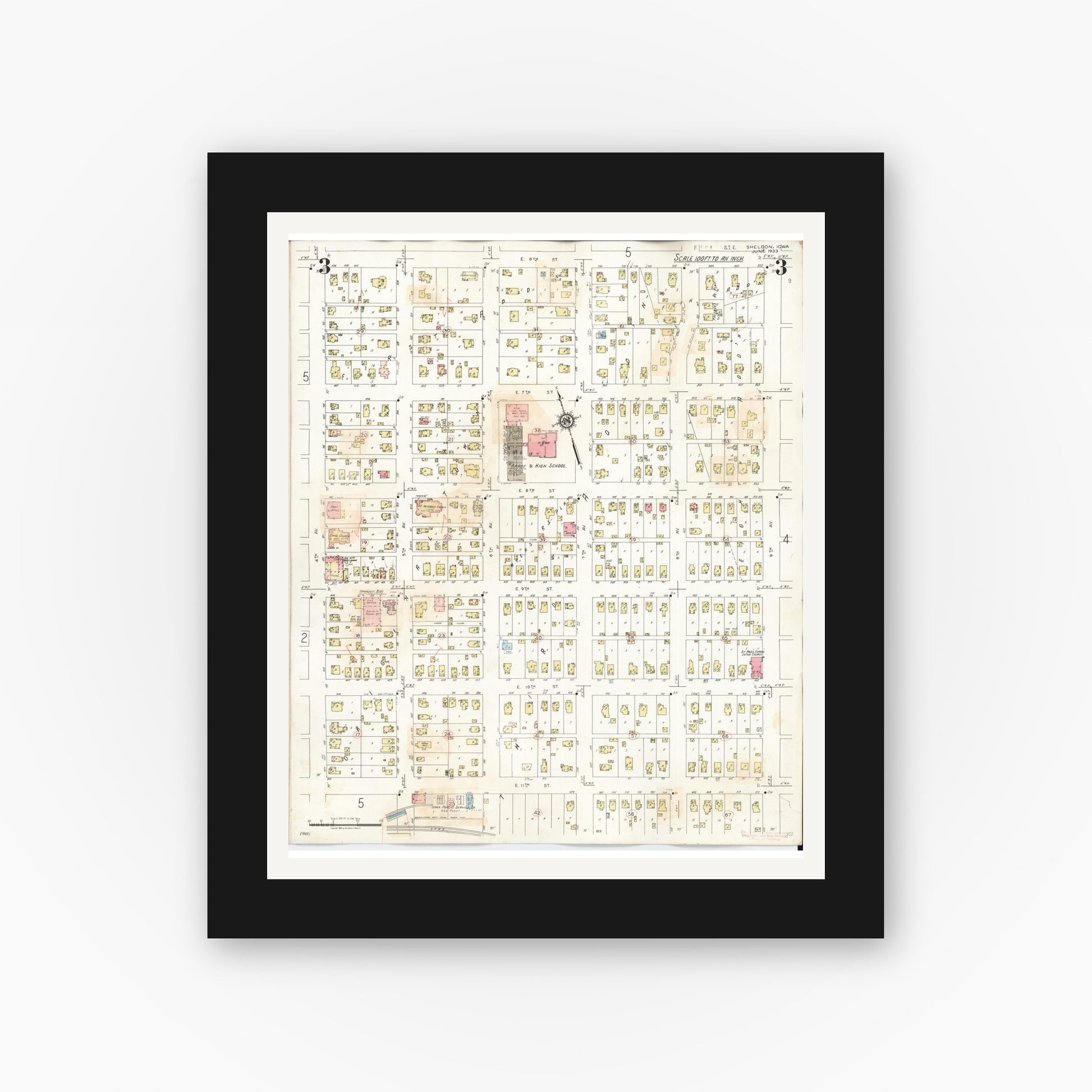 Old map wall art mockup — black gallery frame with white mat — Sanborn Fire Insurance Map from Sheldon, O'Brien County, Iowa (1948), Sheet #0003