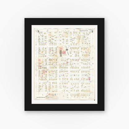 Old map wall art mockup — black gallery frame with white mat — Sanborn Fire Insurance Map from Sheldon, O'Brien County, Iowa (1948), Sheet #0003