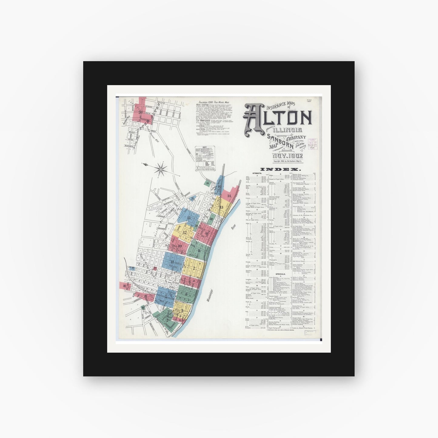 Old map wall art mockup — black gallery frame with white mat — Sanborn Fire Insurance Map from Alton, Madison County, Illinois (1902), Sheet #0001