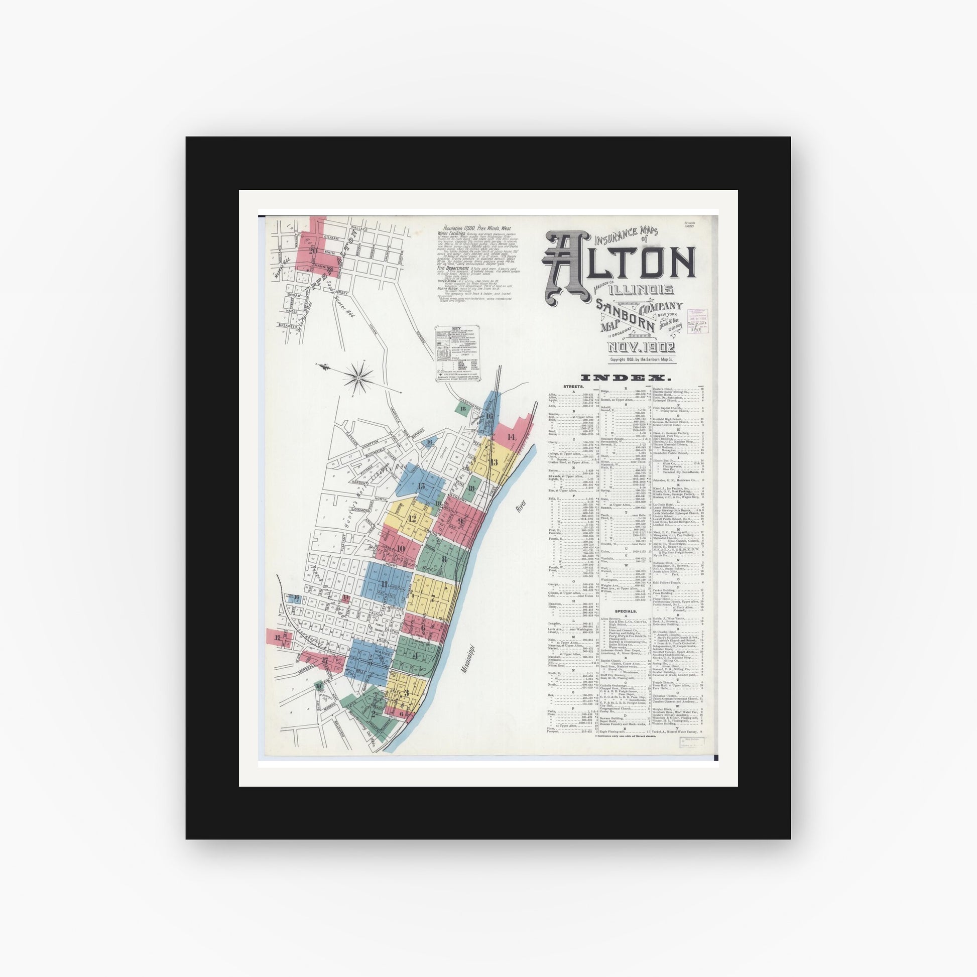 Old map wall art mockup — black gallery frame with white mat — Sanborn Fire Insurance Map from Alton, Madison County, Illinois (1902), Sheet #0001