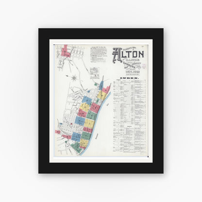 Old map wall art mockup — black gallery frame with white mat — Sanborn Fire Insurance Map from Alton, Madison County, Illinois (1902), Sheet #0001