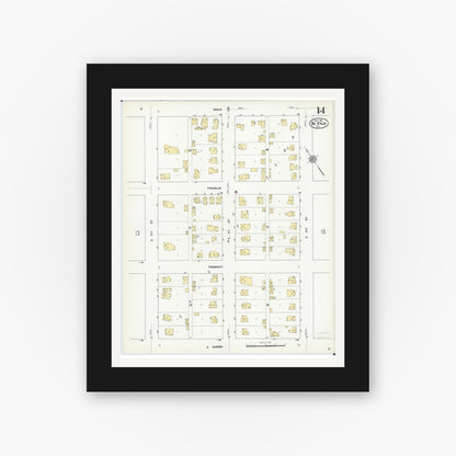Old map wall art mockup — black gallery frame with white mat — Sanborn Fire Insurance Map from De Kalb, De Kalb County, Illinois (1912), Sheet #0014