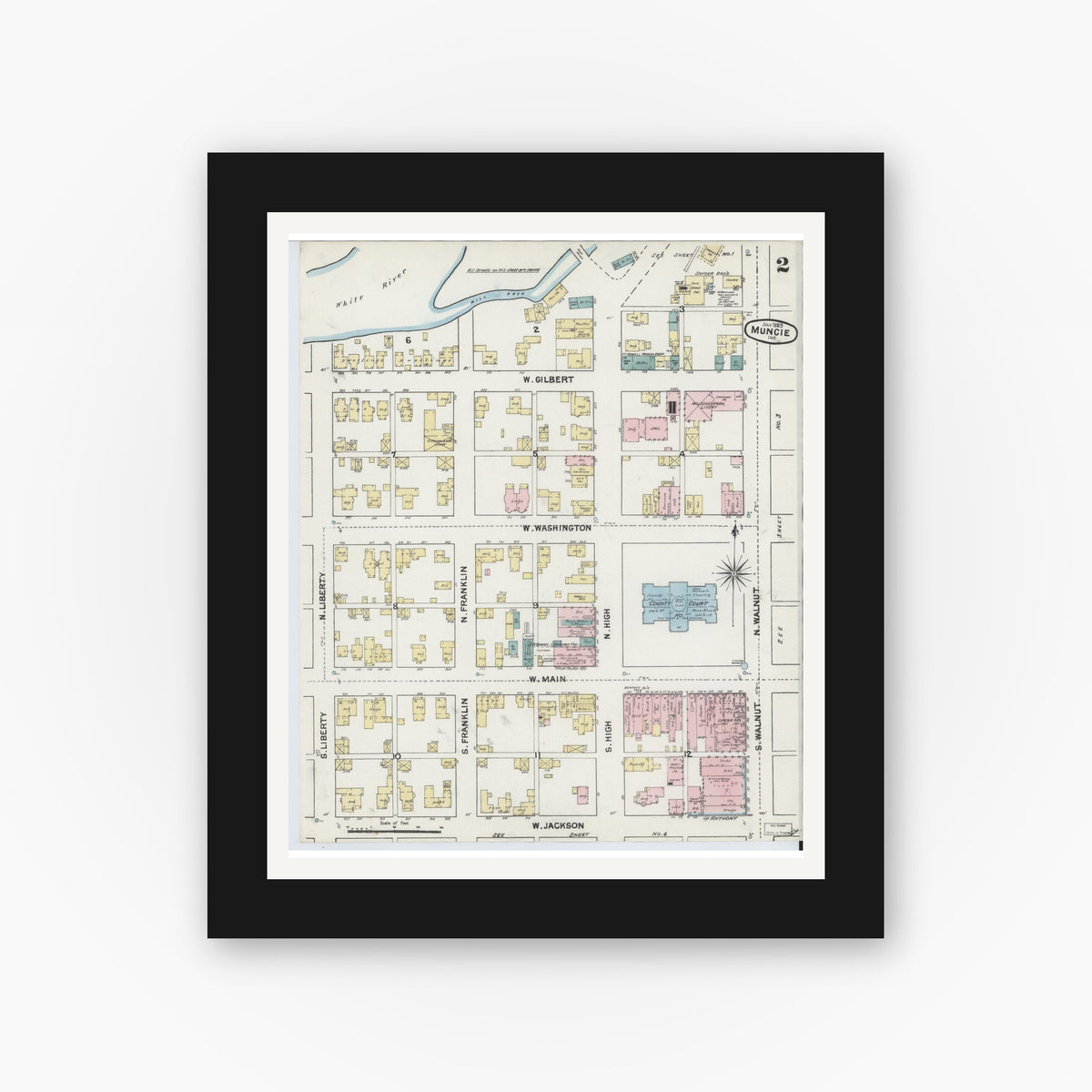Old map wall art mockup — black gallery frame with white mat — Sanborn Fire Insurance Map from Muncie, Delaware County, Indiana (1889), Sheet #0002