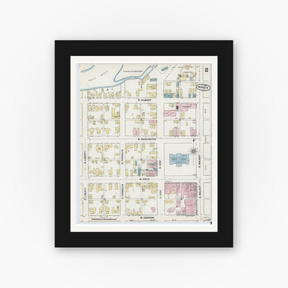 Old map wall art mockup — black gallery frame with white mat — Sanborn Fire Insurance Map from Muncie, Delaware County, Indiana (1889), Sheet #0002