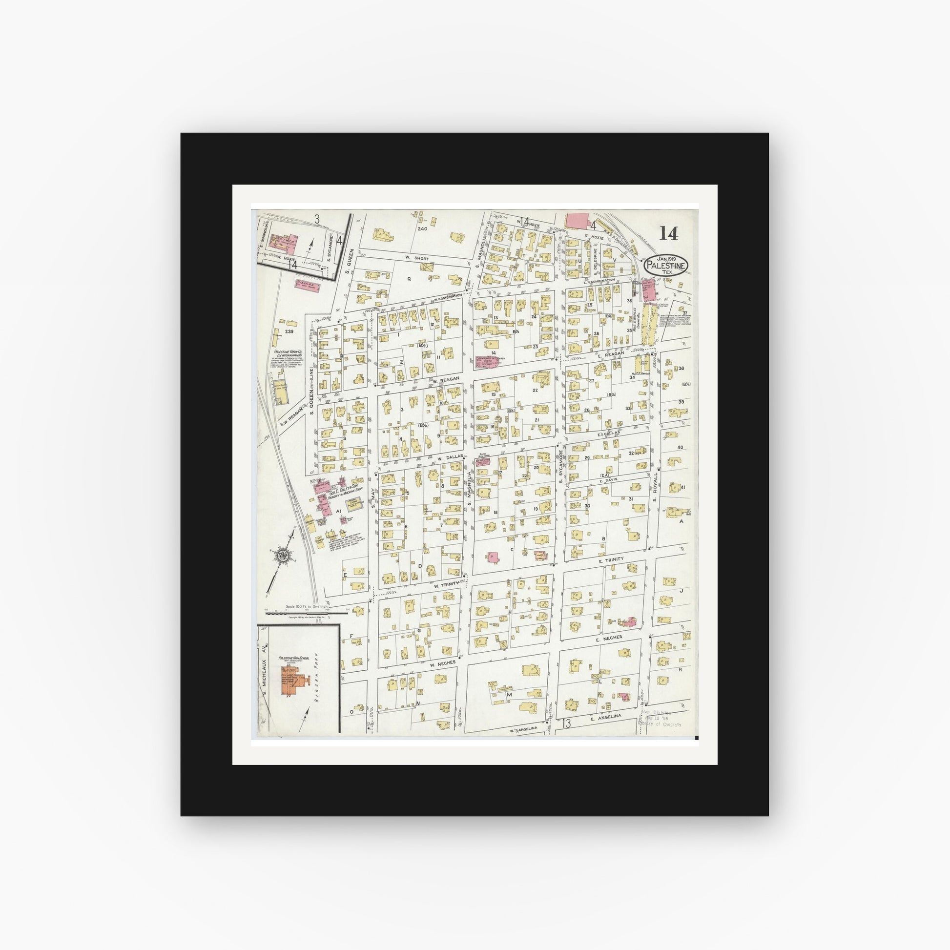 Old map wall art mockup — black gallery frame with white mat — Sanborn Fire Insurance Map from Palestine, Anderson County, Texas (1919), Sheet #0014