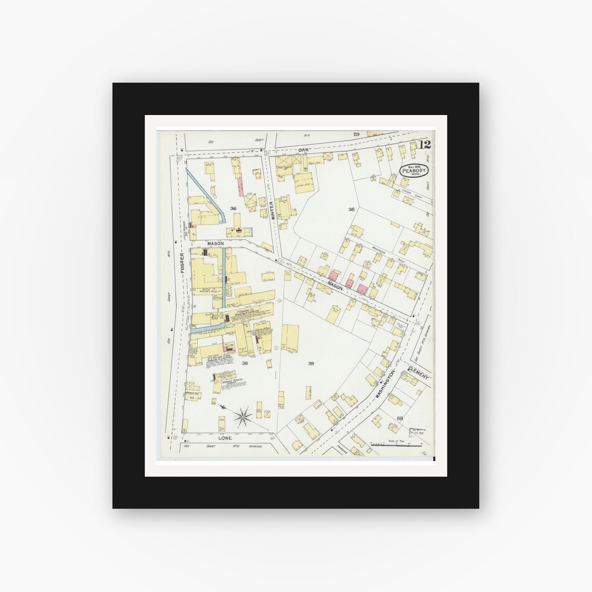 Old map wall art mockup — black gallery frame with white mat — Sanborn Fire Insurance Map from Peabody, Essex County, Massachusetts (1892), Sheet #0012
