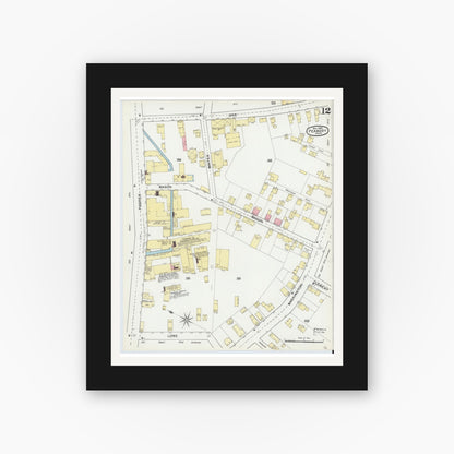 Old map wall art mockup — black gallery frame with white mat — Sanborn Fire Insurance Map from Peabody, Essex County, Massachusetts (1892), Sheet #0012