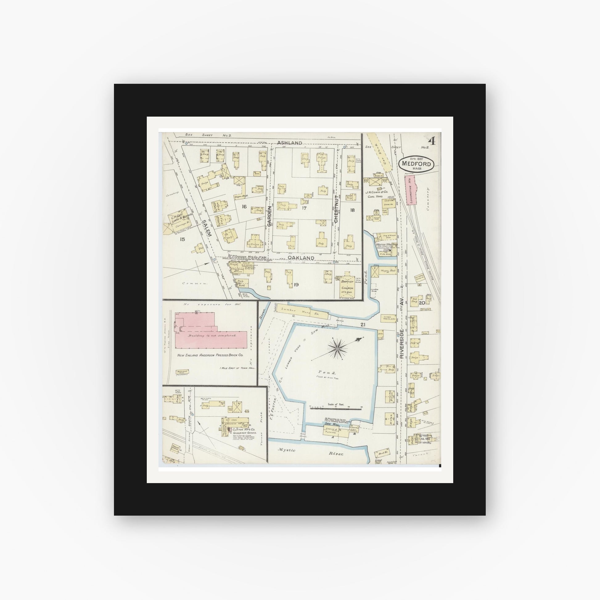 Old map wall art mockup — black gallery frame with white mat — Sanborn Fire Insurance Map from Medford, Middlesex County, Massachusetts (1887), Sheet #0004