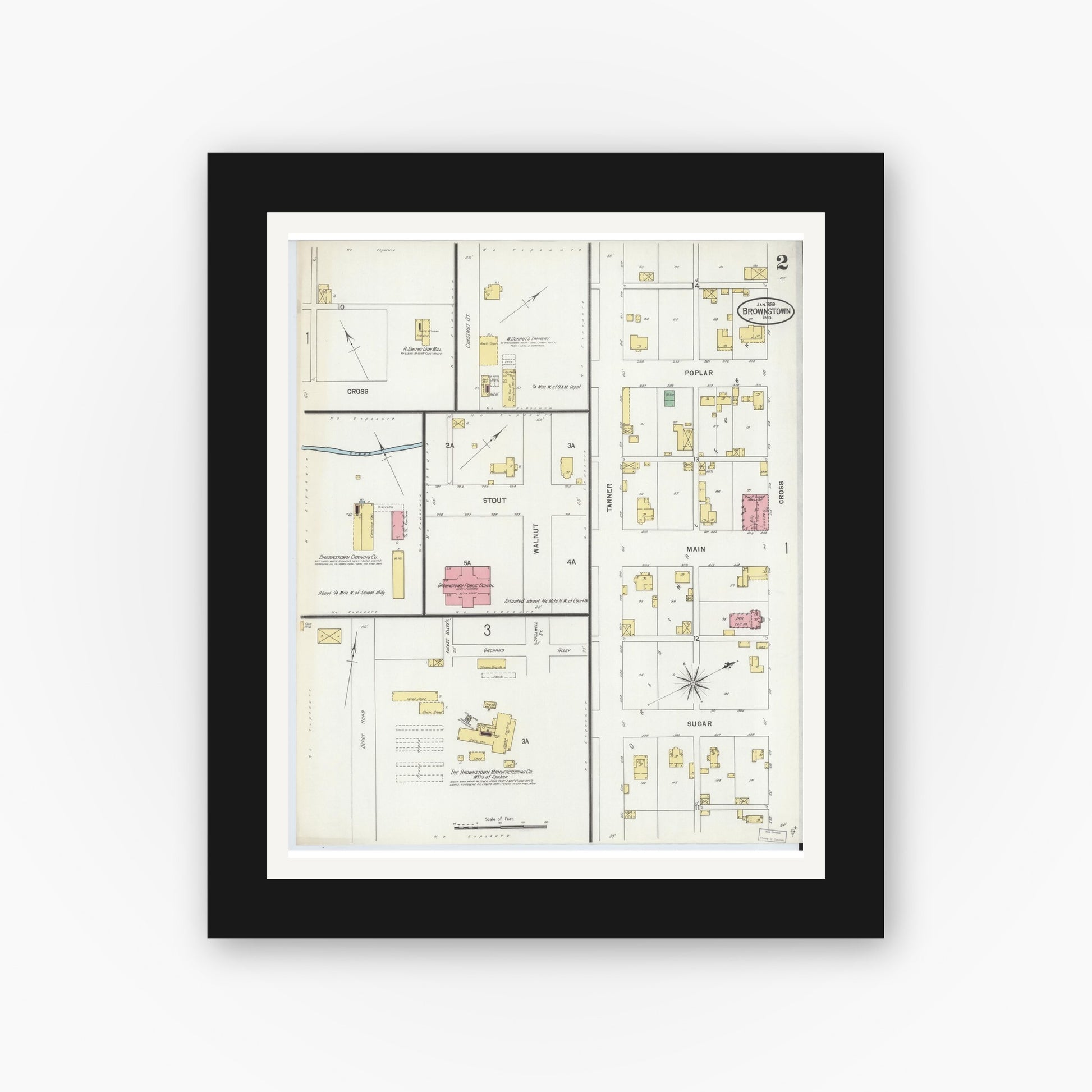 Old map wall art mockup — black gallery frame with white mat — Sanborn Fire Insurance Map from Brownstown, Jackson County, Indiana (1899), Sheet #0002