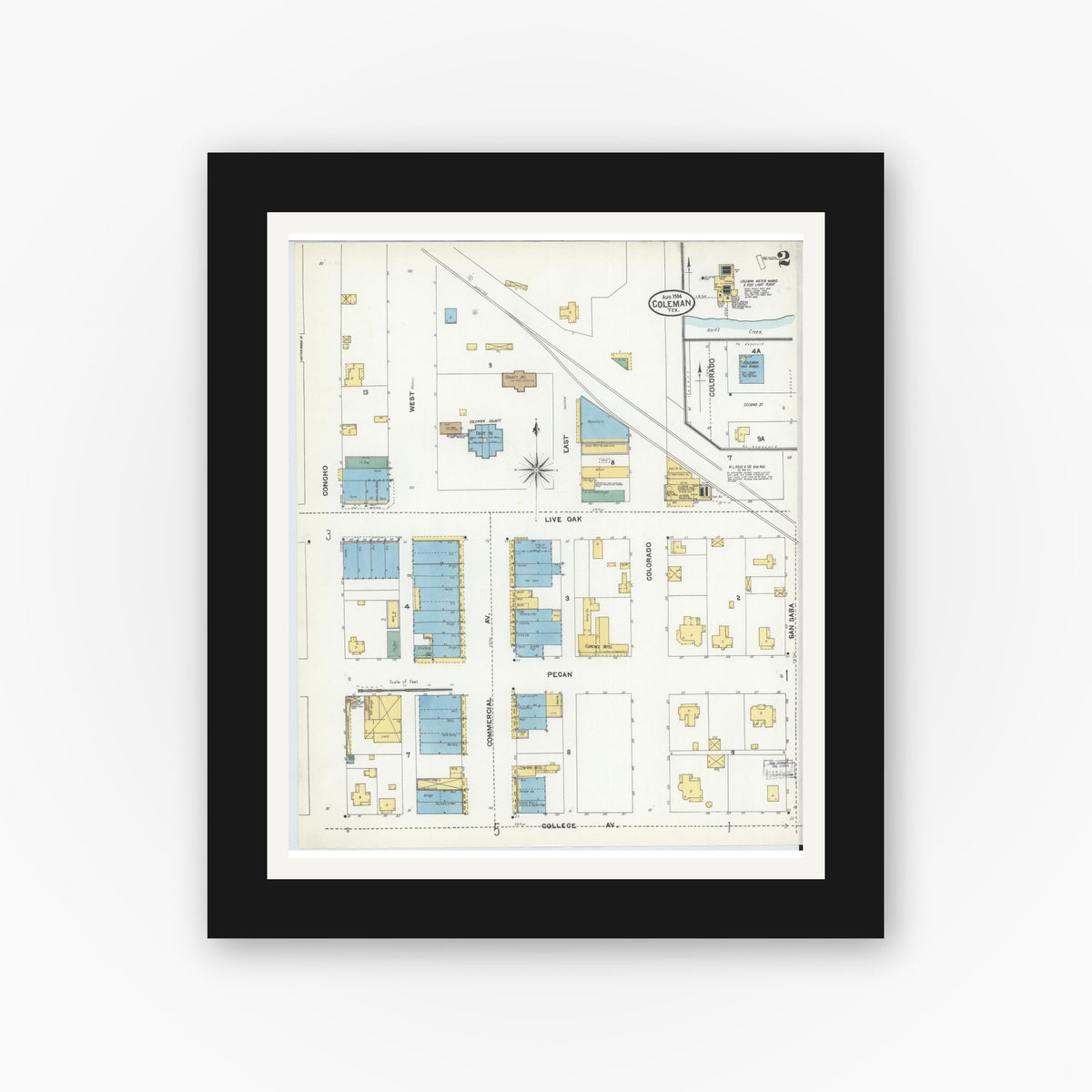 Old map wall art mockup — black gallery frame with white mat — Sanborn Fire Insurance Map from Coleman, Coleman County, Texas (1904), Sheet #0002