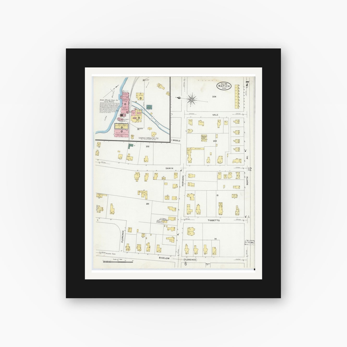 Old map wall art mockup — black gallery frame with white mat — Sanborn Fire Insurance Map from Natick, Middlesex County, Massachusetts (1909), Sheet #0007