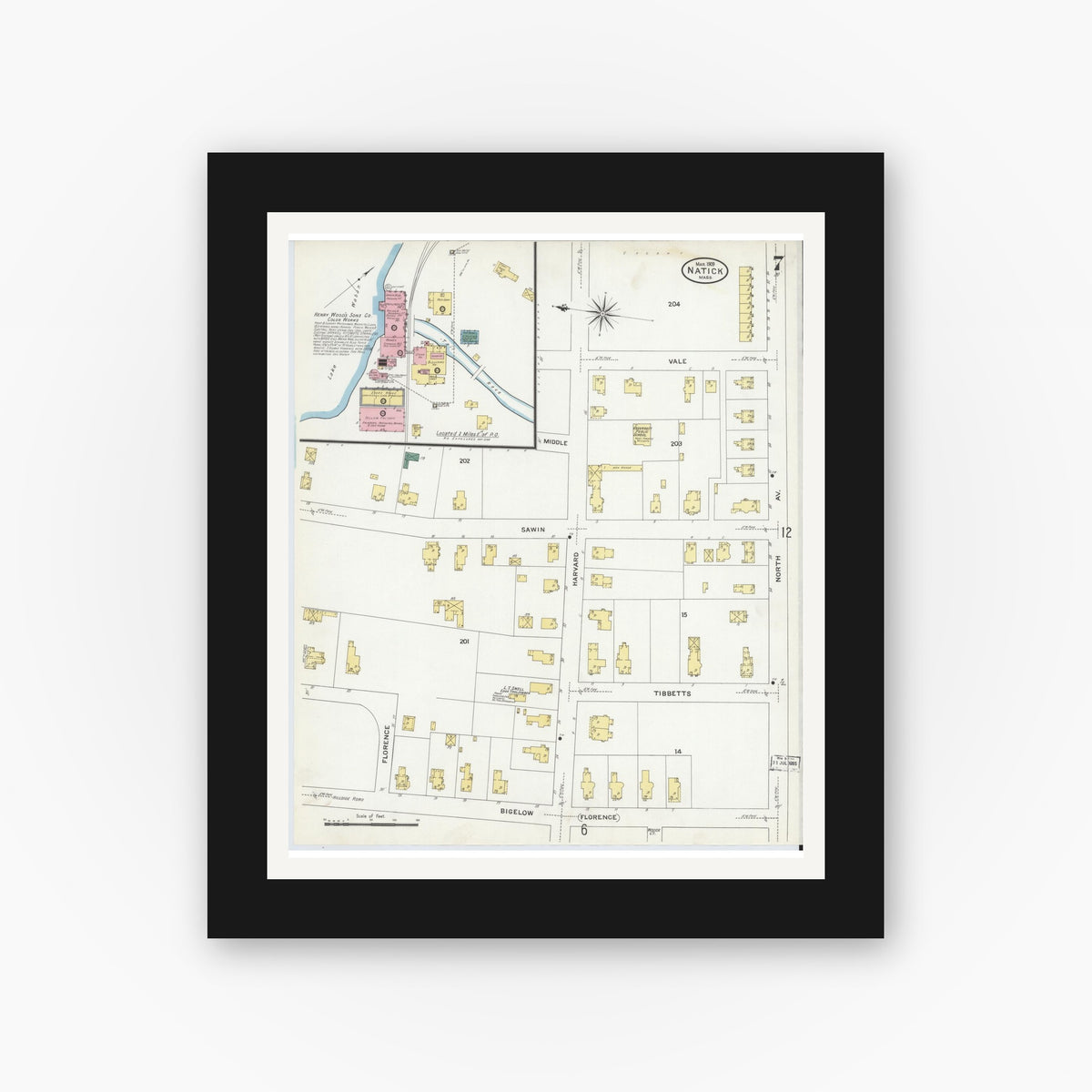 Old map wall art mockup — black gallery frame with white mat — Sanborn Fire Insurance Map from Natick, Middlesex County, Massachusetts (1909), Sheet #0007