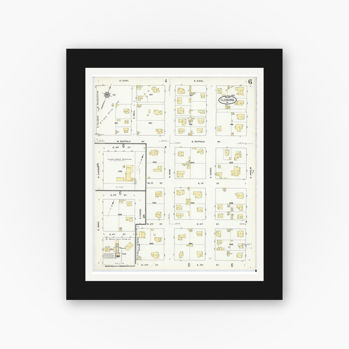 Old map wall art mockup — black gallery frame with white mat — Sanborn Fire Insurance Map from Cleburne, Johnson County, Texas (1910), Sheet #0006