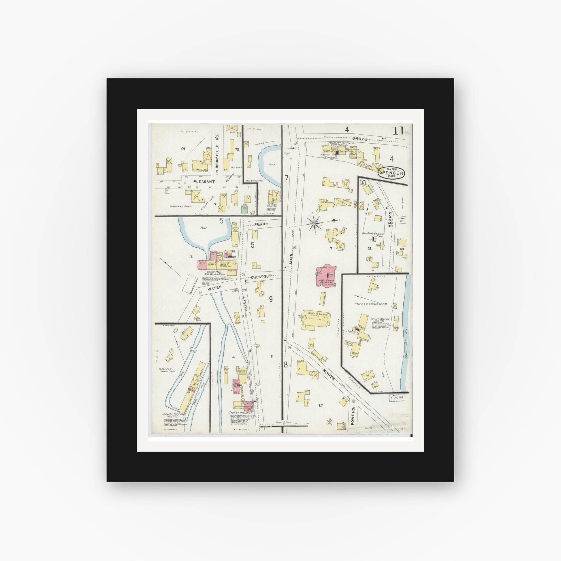 Old map wall art mockup — black gallery frame with white mat — Sanborn Fire Insurance Map from Spencer, Worcester County, Massachusetts (1896), Sheet #0011
