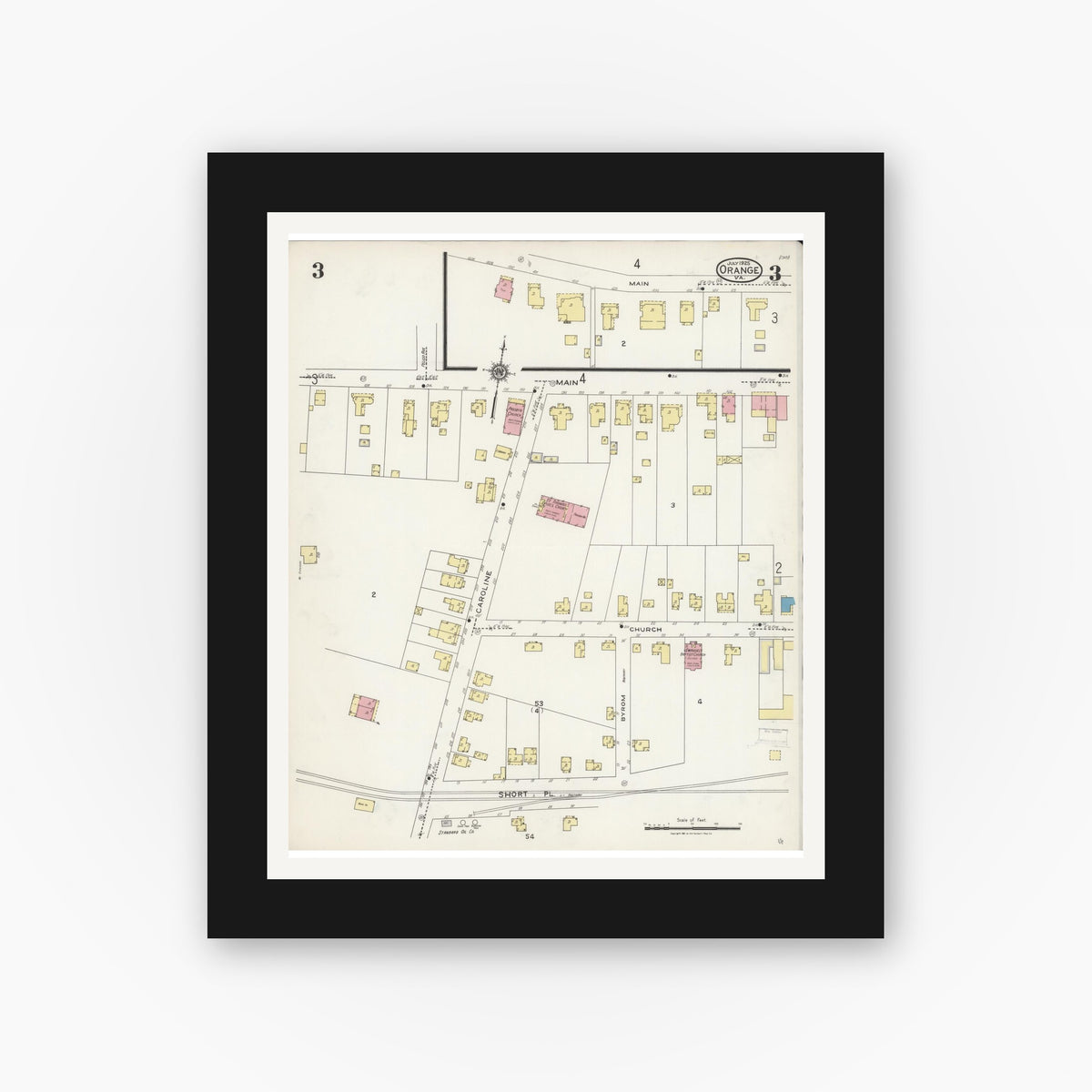 Old map wall art mockup — black gallery frame with white mat — Sanborn Fire Insurance Map from Orange, Orange County, Virginia (1925), Sheet #0003