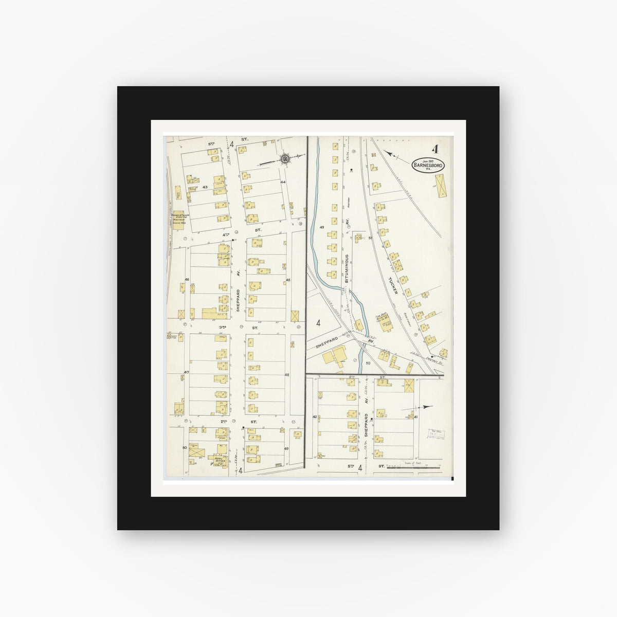 Old map wall art mockup — black gallery frame with white mat — Sanborn Fire Insurance Map from Barnesboro, Cambria County, Pennsylvania (1910), Sheet #0004