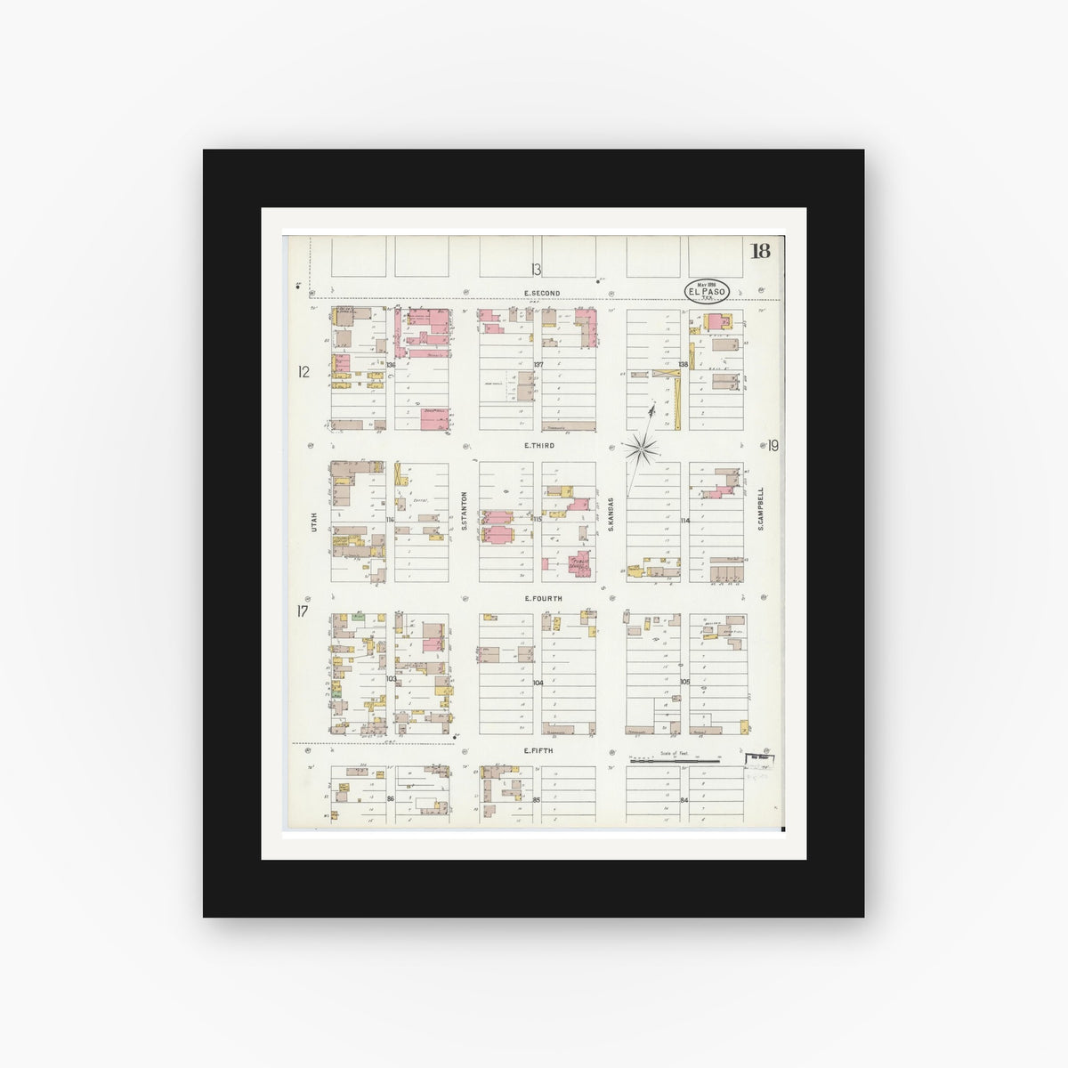 Old map wall art mockup — black gallery frame with white mat — Sanborn Fire Insurance Map from El Paso, El Paso County, Texas (1898), Sheet #0018