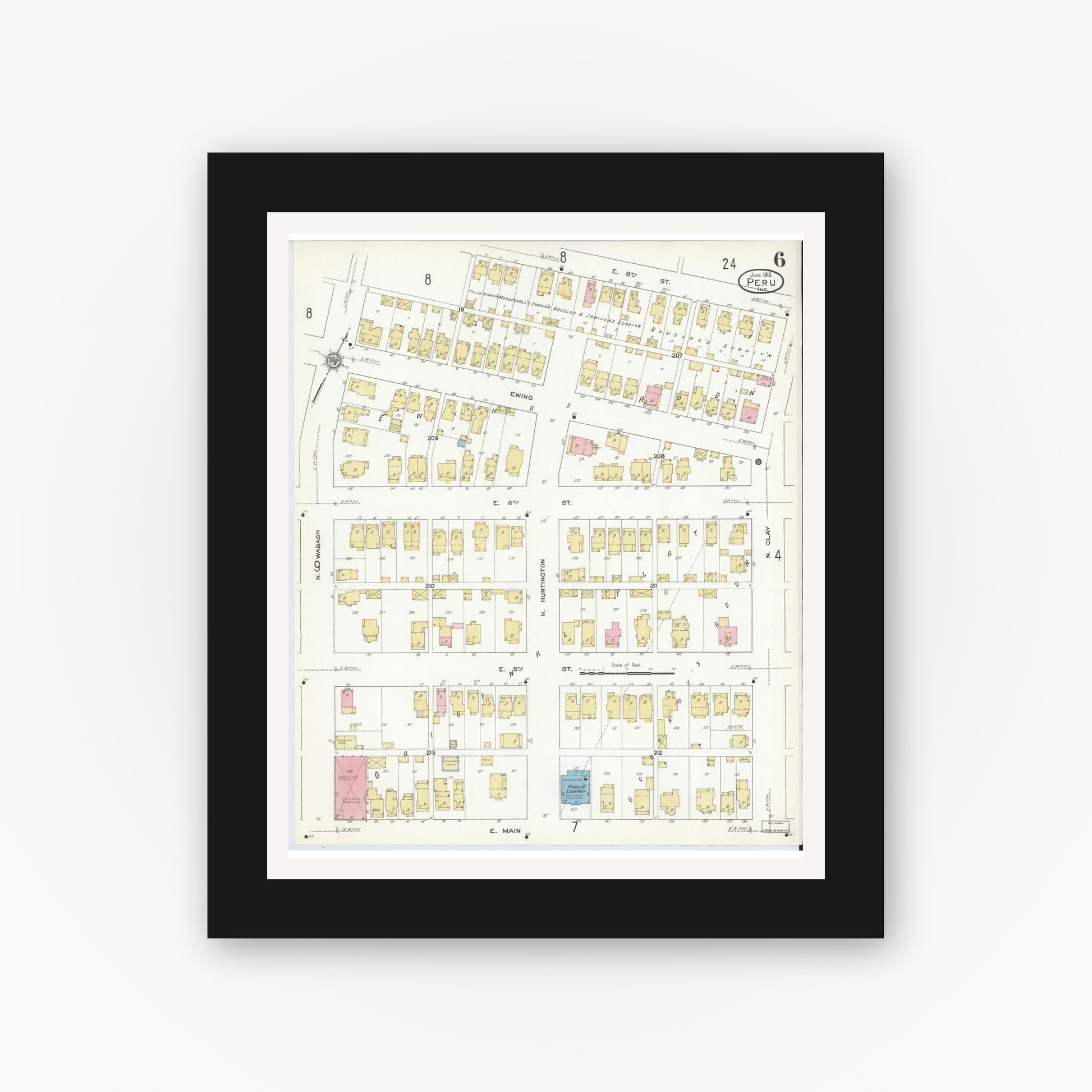 Old map wall art mockup — black gallery frame with white mat — Sanborn Fire Insurance Map from Peru, Miami County, Indiana (1912), Sheet #0006