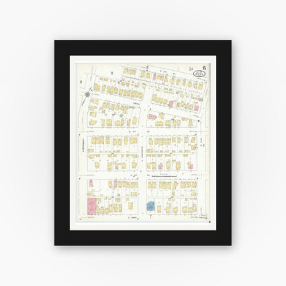 Old map wall art mockup — black gallery frame with white mat — Sanborn Fire Insurance Map from Peru, Miami County, Indiana (1912), Sheet #0006