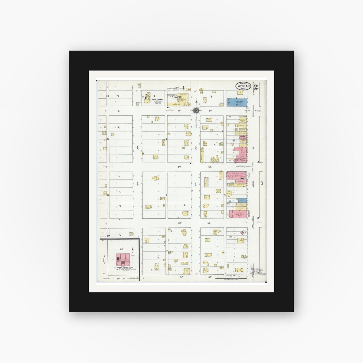 Old map wall art mockup — black gallery frame with white mat — Sanborn Fire Insurance Map from Adrian, Nobles County, Minnesota (1922), Sheet #0002