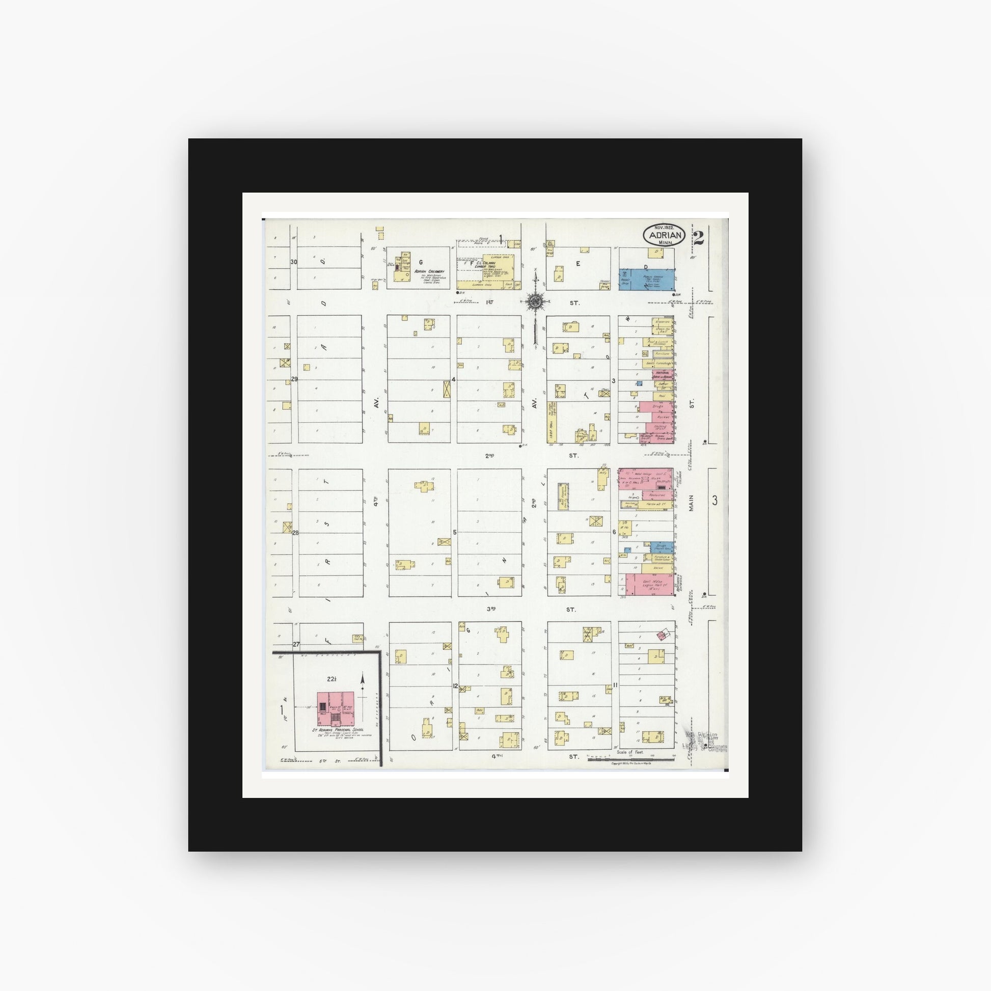 Old map wall art mockup — black gallery frame with white mat — Sanborn Fire Insurance Map from Adrian, Nobles County, Minnesota (1922), Sheet #0002