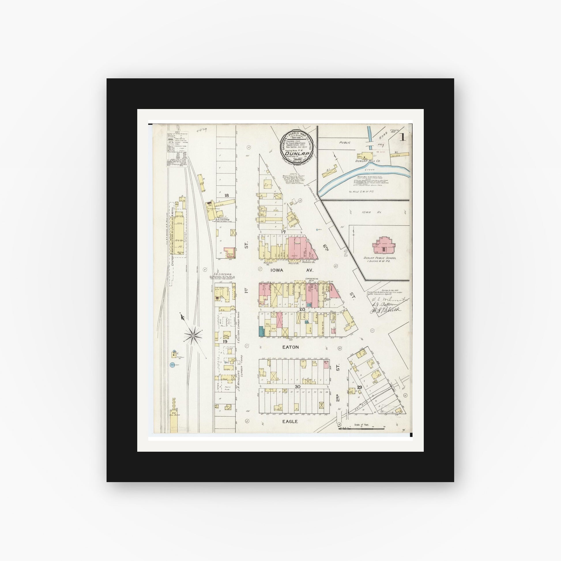 Old map wall art mockup — black gallery frame with white mat — Sanborn Fire Insurance Map from Dunlap, Harrison County, Iowa (1893) â€” Complete Set