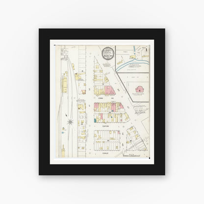 Old map wall art mockup — black gallery frame with white mat — Sanborn Fire Insurance Map from Dunlap, Harrison County, Iowa (1893) â€” Complete Set