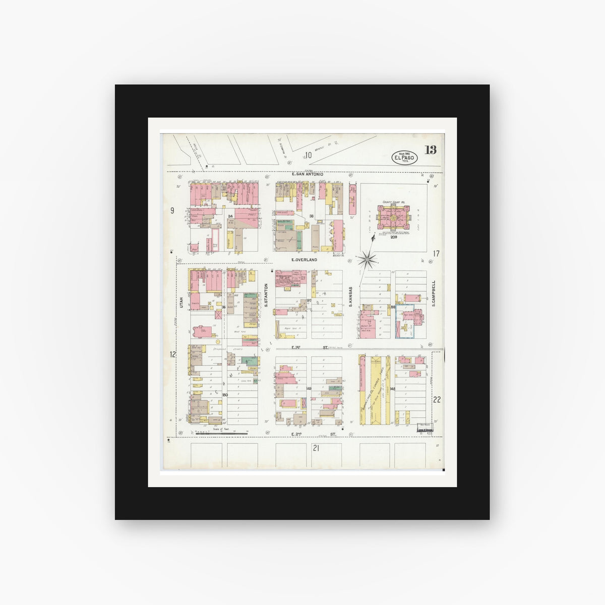 Old map wall art mockup — black gallery frame with white mat — Sanborn Fire Insurance Map from El Paso, El Paso County, Texas (1902), Sheet #0013